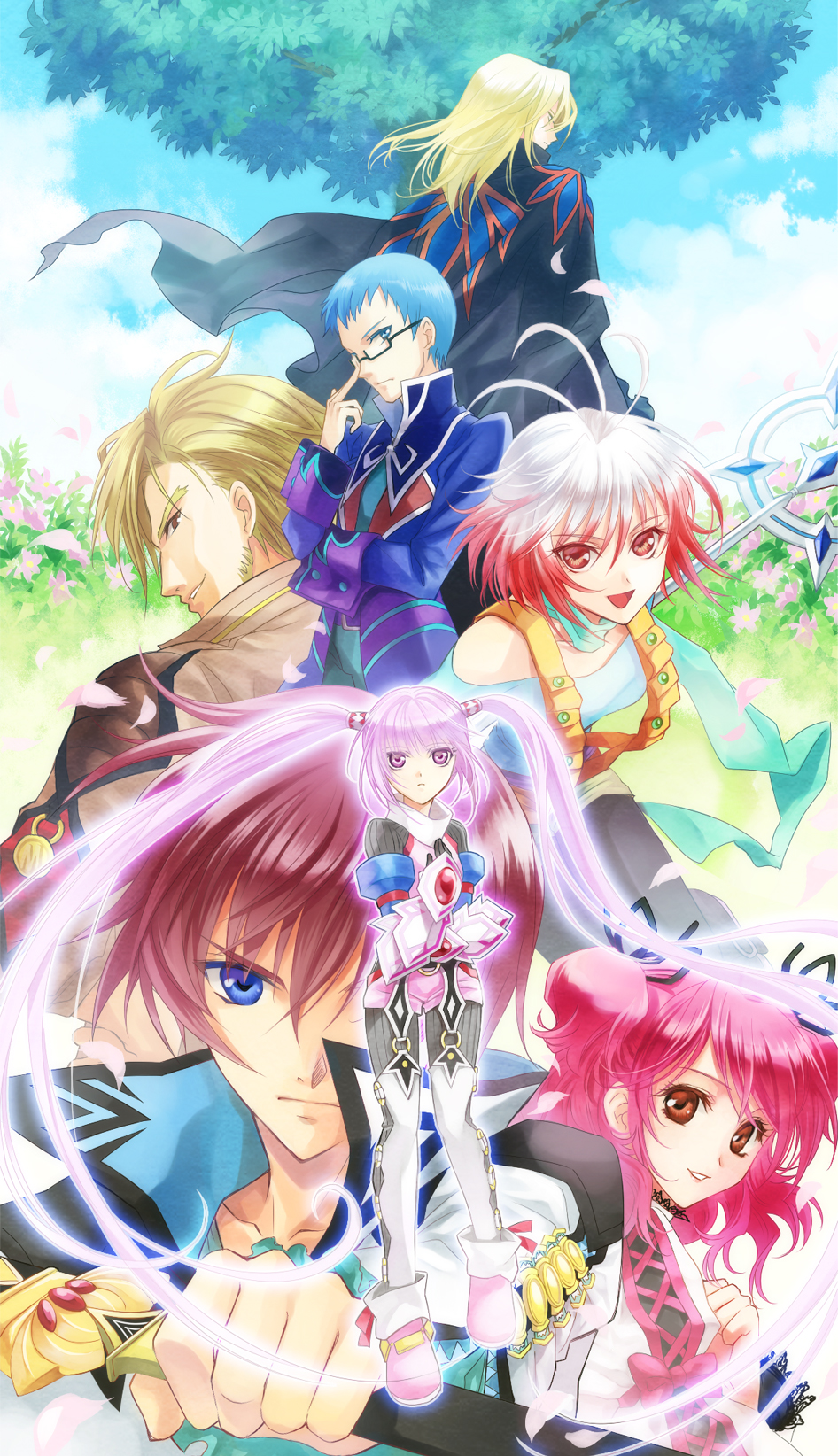 4boys asbel_lhant blonde_hair blue_eyes blue_hair brown_eyes cape cheria_barnes glasses gradient_hair highres hubert_ozwell malik_caesars multicolored_hair multiple_boys multiple_girls pascal pink_hair purple_eyes purple_hair red_hair redhead richard_(tales_of_graces) scarf shinomna sophie_(tales_of_graces) staff sword tales_of_(series) tales_of_graces twintails two-tone_hair two_side_up violet_eyes weapon white_hair