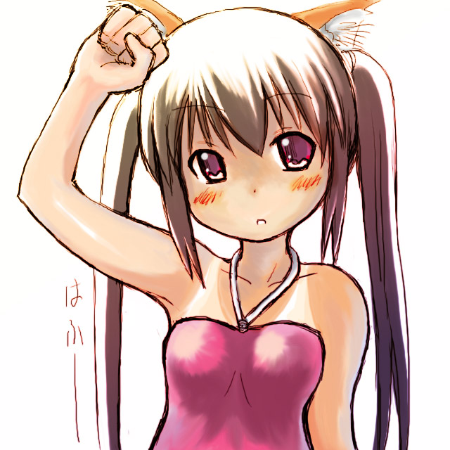 ashihata brown_hair cat_ears k-on! long_hair nakano_azusa one-piece_swimsuit red_eyes solo swimsuit tan tanline twintails