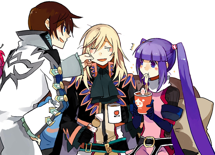 2boys asbel_lhant blonde_hair brown_hair eating food long_hair multiple_boys noodles pinch pinching purple_hair richard_(tales_of_graces) sophie_(tales_of_graces) starshadowmagician tales_of_(series) tales_of_graces twintails white_background