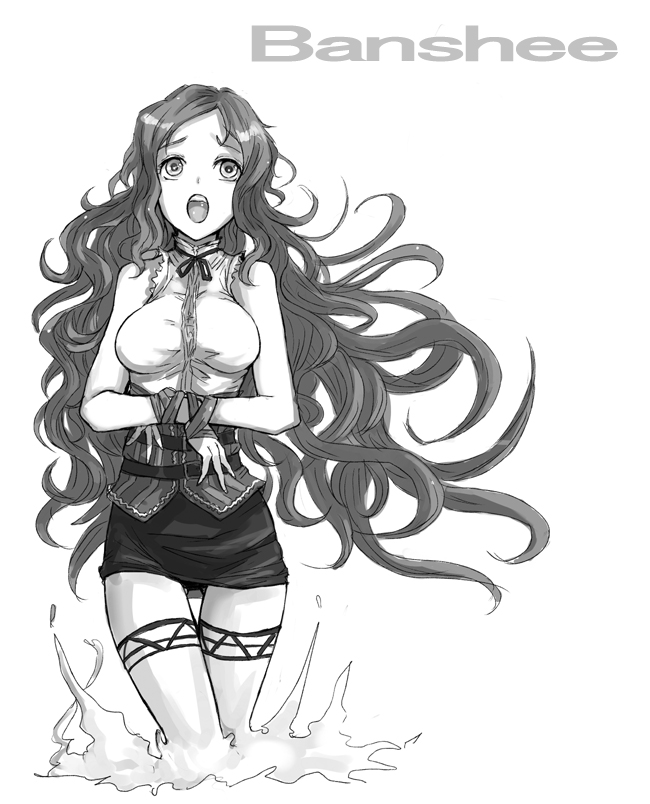 banshee_(mythology) bound_arms breasts kara_(color) long_hair miniskirt monochrome open_mouth original simple_background skirt sleeveless sleeveless_shirt solo thigh-highs thighhighs tied_arms