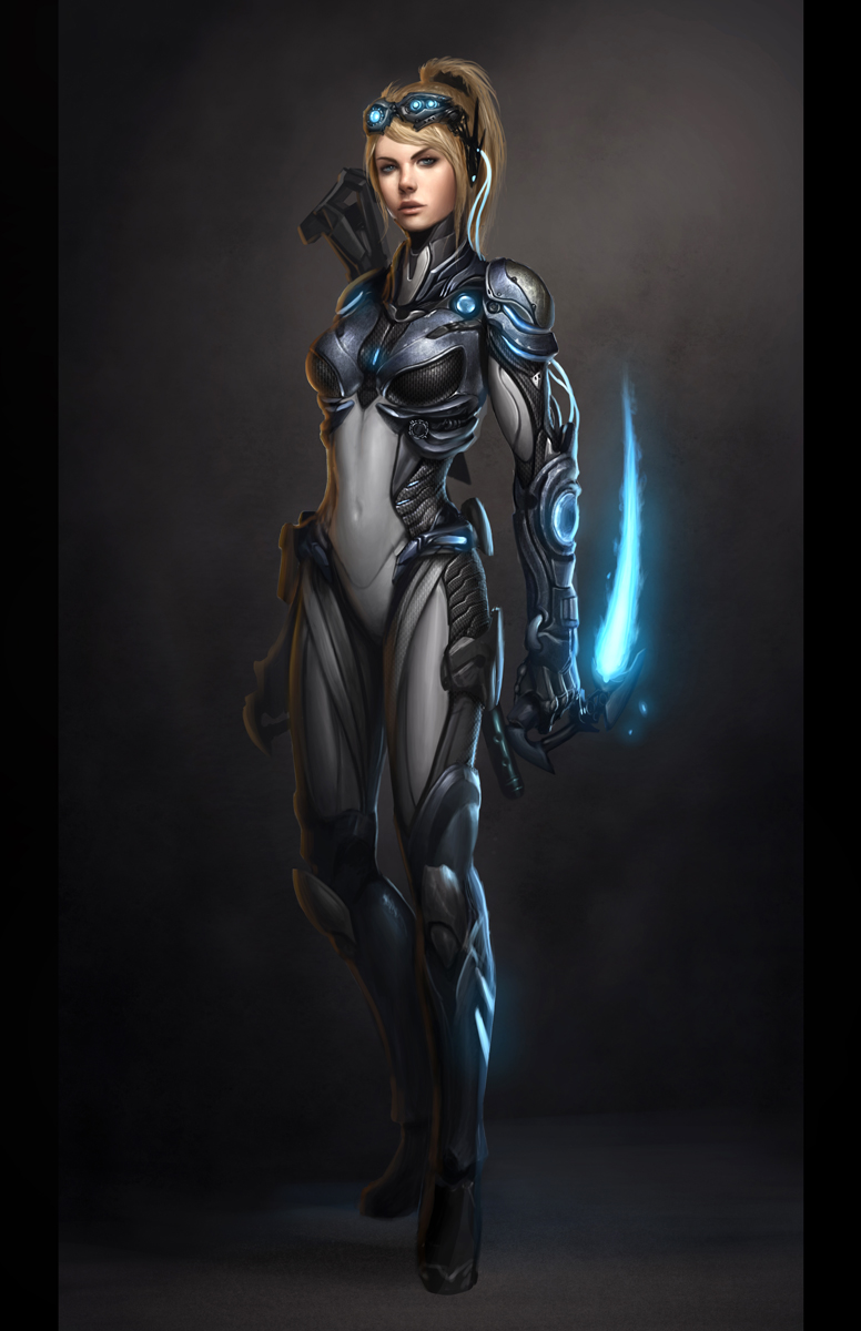 blonde_hair blue_eyes bodysuit energy_sword goggles goggles_on_head gun highres nova nova_(starcraft) plugsuit ponytail rifle shiramune starcraft sword terran terran_ghost weapon