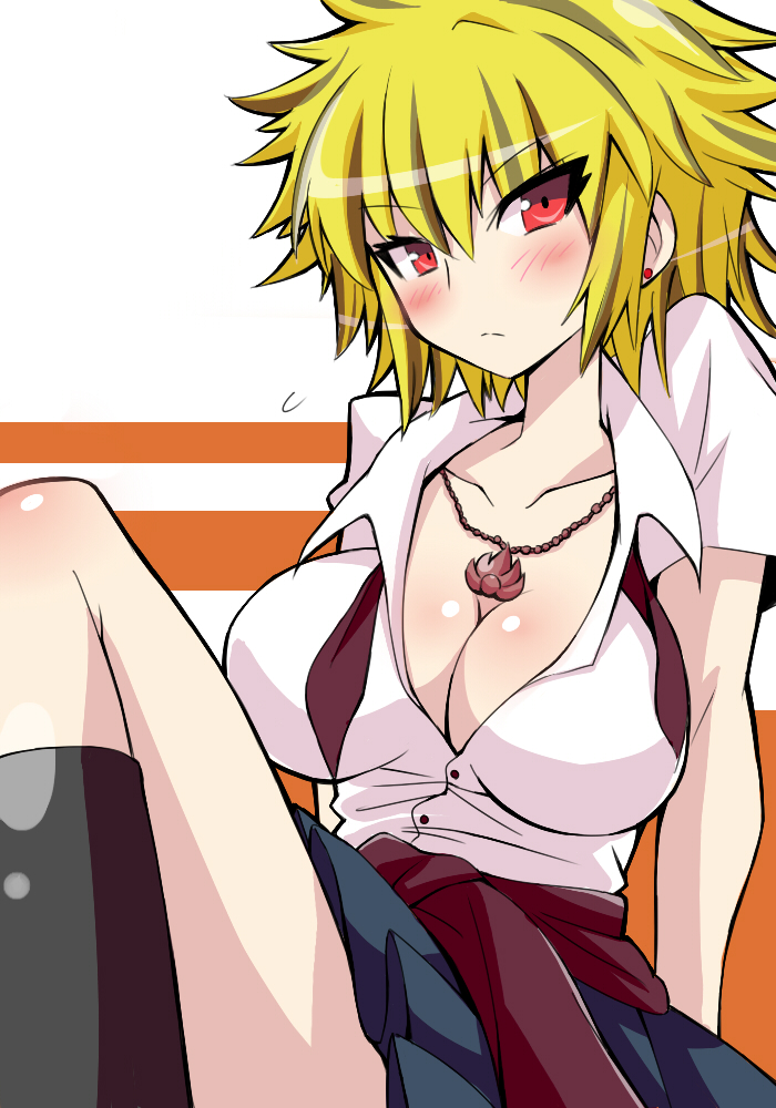alternate_costume blonde_hair blush breasts casual cleavage contemporary gibuchoko jewelry large_breasts looking_at_viewer necklace open_clothes open_shirt red_eyes school_uniform shirt short_hair sitting solo sweater_around_waist tareme toramaru_shou touhou tsurime