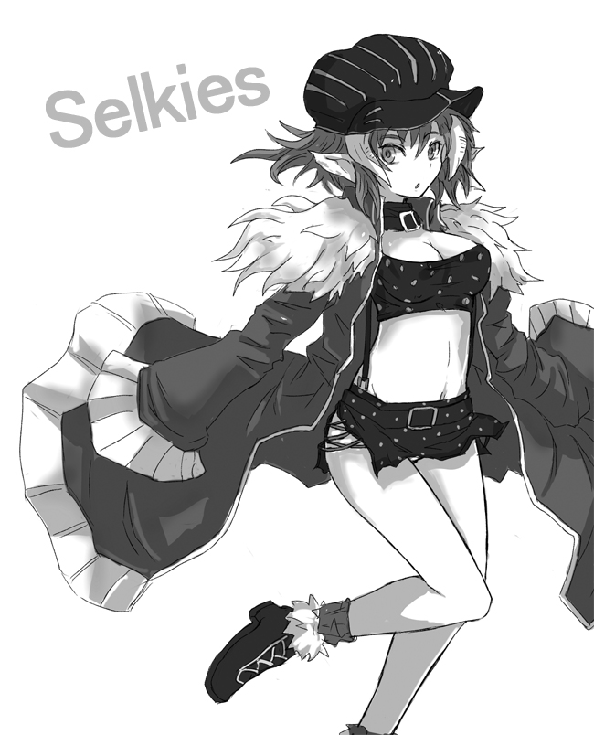 bare_legs belt breasts cabbie_hat cleavage fur_trim hat horns jacket kara_(color) leg_lift microskirt monochrome navel original pointy_ears selkie_(mythology) short_hair simple_background skirt sleeves_past_wrists solo tubetop