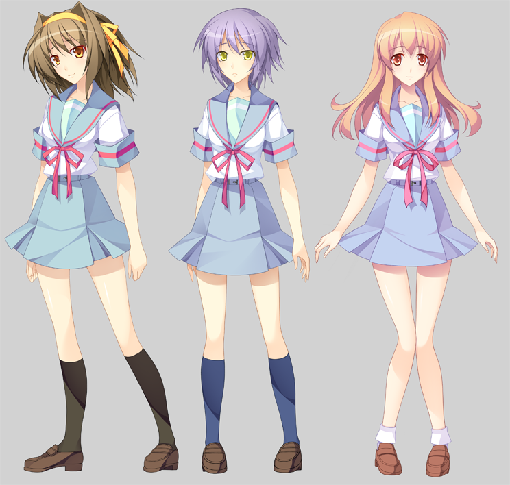 440 ankle_socks asahina_mikuru black_socks brown_eyes brown_hair hair_intakes hair_ribbon hairband knee_highs long_hair multiple_girls nagato_yuki purple_hair ribbon school_uniform serafuku short_hair short_socks simple_background socks suzumiya_haruhi suzumiya_haruhi_no_yuuutsu white_socks yellow_eyes