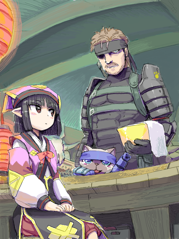 bathhouse bathing_house big_boss black_hair box brown_eyes bucket buffalo_skull capcom cat cosplay crossover desk dress elf felyne hat headband ike_(altitude_attitude) japanese_clothes konaha konoha_(mhp3) lantern metal_gear metal_gear_solid metal_gear_solid_peace_walker monster_hunter monster_hunter_portable_3rd naked_snake pointy_ears short_hair skull solid_snake solid_snake_(cosplay) towel wall_ornament