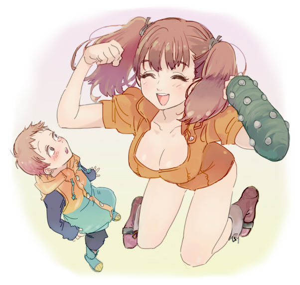 1boy 1girl :d :o blush boots breasts brown_eyes brown_hair cleavage collarbone diane_(nanatsu_no_taizai) fingerless_gloves giantess gloves hair_ribbon happy hood jacket jumping king_(nanatsu_no_taizai) leotard long_hair nanatsu_no_taizai open_mouth ribbon short_hair single_glove smile trico_(mentalsketch1985) twintails