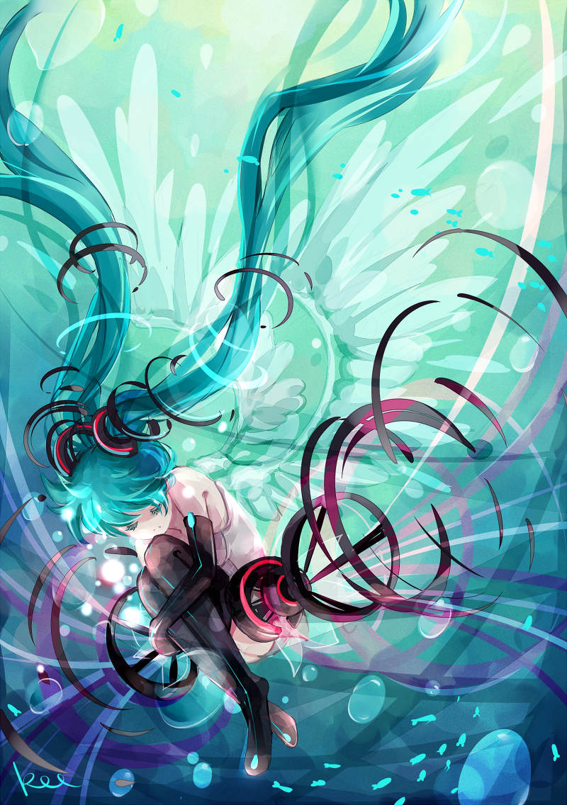 aqua_hair bad_id closed_eyes elbow_gloves eyes_closed gloves hatsune_miku hatsune_miku_(append) instocklee long_hair miku_append solo thigh-highs thighhighs twintails underwater very_long_hair vocaloid vocaloid_append wings