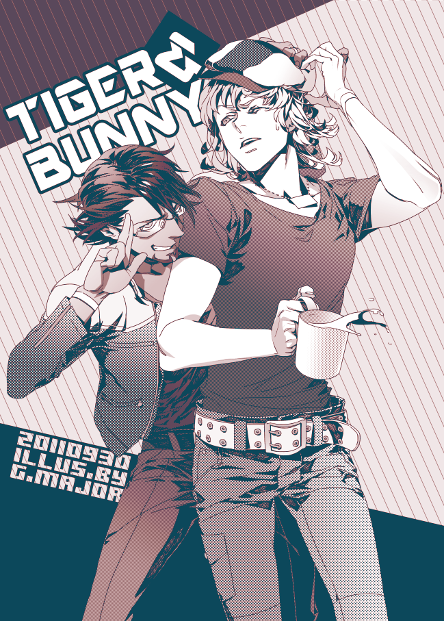 bad_id barnaby_brooks_jr belt cabbie_hat cosplay costume_switch cup facial_hair hanehito hat jacket jewelry kaburagi_t_kotetsu male monochrome multiple_boys necklace no_glasses ring salute short_hair stubble studded_belt t-shirt tiger_&amp;_bunny wedding_band wince