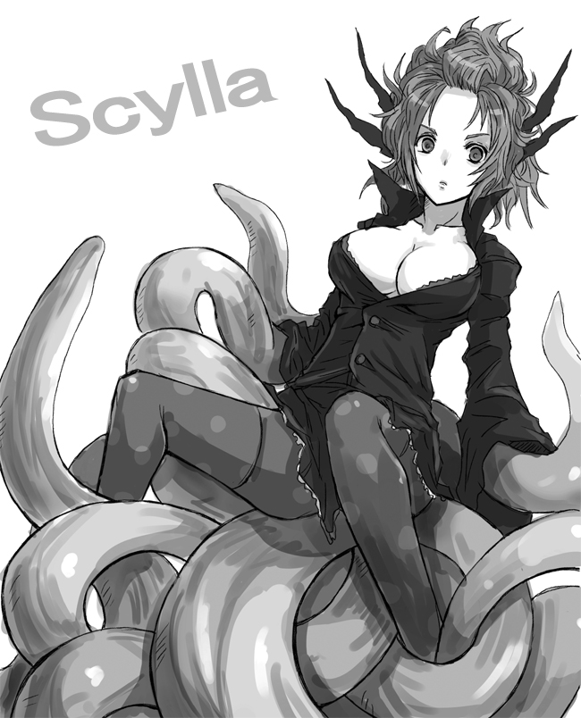 cleavage hair_up horns kara_(color) large_breasts looking_at_viewer monochrome monster_girl mythology original pantyhose scylla simple_background sitting skirt solo tentacle tentacle_girl tentacles