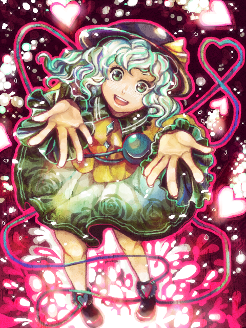 green_eyes hands hat heart heart_of_string komeiji_koishi mgn0isi oekaki outstretched_hand skirt smile solo string touhou