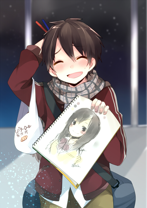 arm_behind_head bag blush brown_hair closed_eyes drawing eyes_closed jacket male open_clothes open_jacket open_mouth original plaid plaid_scarf plastic_bag pun2 scarf shoulder_bag sketchbook smile track_jacket