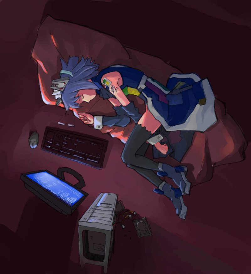 bare_shoulders black_legwear blue_hair boots computer computer_keyboard computer_mouse detached_sleeves glasses glasses_removed hard_drive lying monitor os os-tan pinzu short_hair sleeping solo thigh-highs thighhighs wrist_cuffs