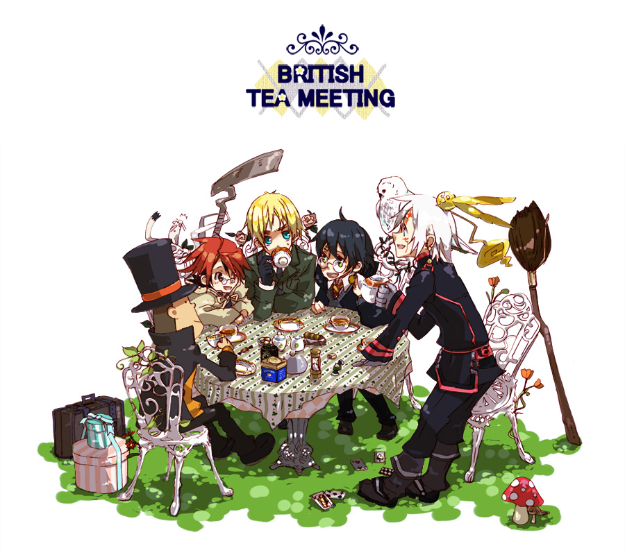 allen_walker axis_powers_hetalia bird black_hair blonde_hair british broom card chair chamo coat crossover cup d.gray-man eyebrows flower fuu_takara gift glasses gloves harry_james_potter harry_potter hat hedwig hershel_layton houhou_(black_lack) lying_card mahou_sensei_negima! mushroom necktie negi_springfield owl plant plate professor_layton red_hair redhead rose staff table tea teacup top_hat united_kingdom united_kingdom_(hetalia) white_hair