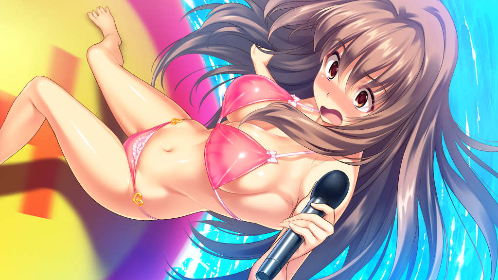 barefoot bikini blush bow breasts brown_eyes brown_hair d-eve_in_you feet game_cg gokokukyou heart large_breasts legs long_hair microphone navel o-ring_bottom open_mouth swimsuit thighs water wavy_mouth