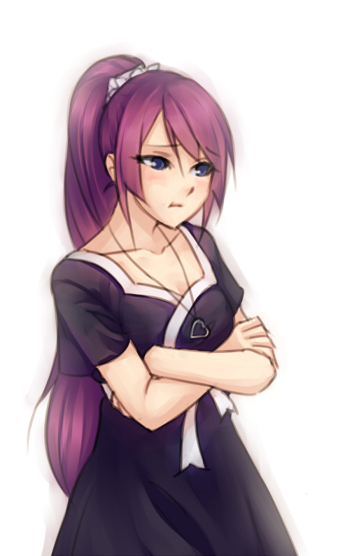 1girl blush crossed_arms long_hair monorus purple_hair simple_background solo white_background