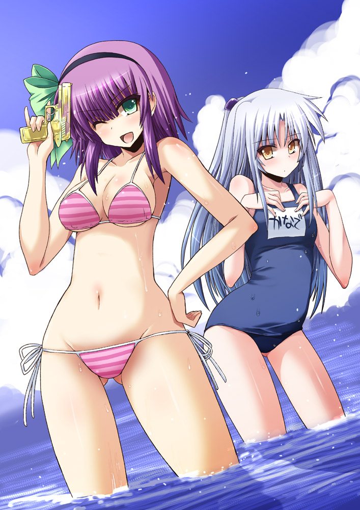 ;d angel_beats! aqua_eyes bare_shoulders bikini blush breasts cloud hairband hand_on_hip hands_on_own_chest hands_to_chest hips looking_at_viewer multiple_girls navel one-piece_swimsuit open_mouth pink_bikini purple_hair school_swimsuit shinshin side-tie_bikini silver_hair sky smile striped striped_bikini striped_swimsuit swimsuit tachibana_kanade wading water wink yellow_eyes yuri_(angel_beats!)