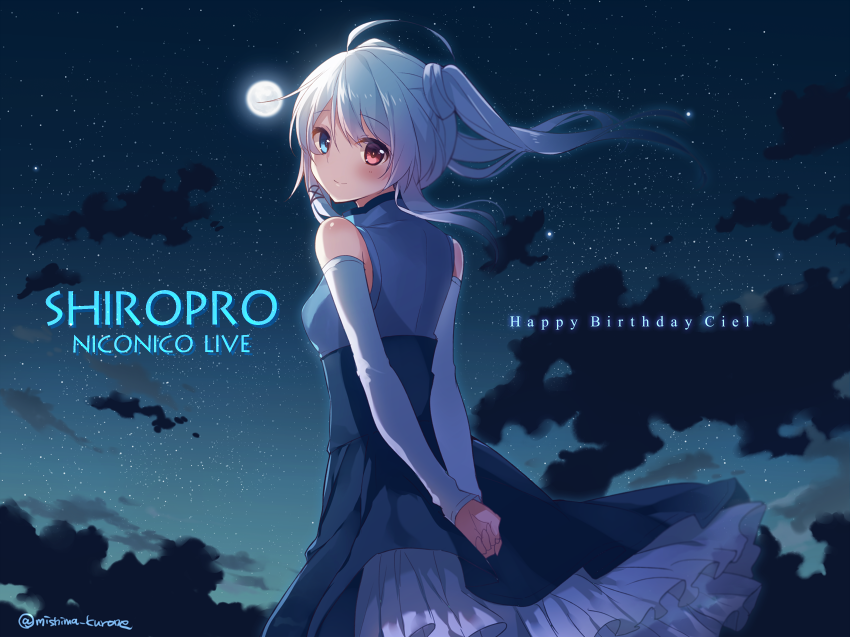 1girl arms_behind_back bare_shoulders blue_eyes blush ciel_sacred detached_sleeves dress heterochromia long_hair looking_at_viewer looking_back mishima_kurone moon night night_sky original red_eyes silver_hair sky smile solo twintails white_hair