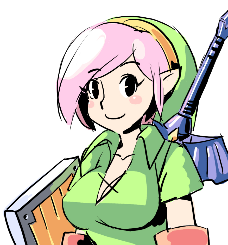 a_link_to_the_past alternate_hair_color blush_stickers breasts bust cleavage elbow_gloves flat_color genderswap gloves hat link master_sword pink_hair shield solo sword the_legend_of_zelda weapon