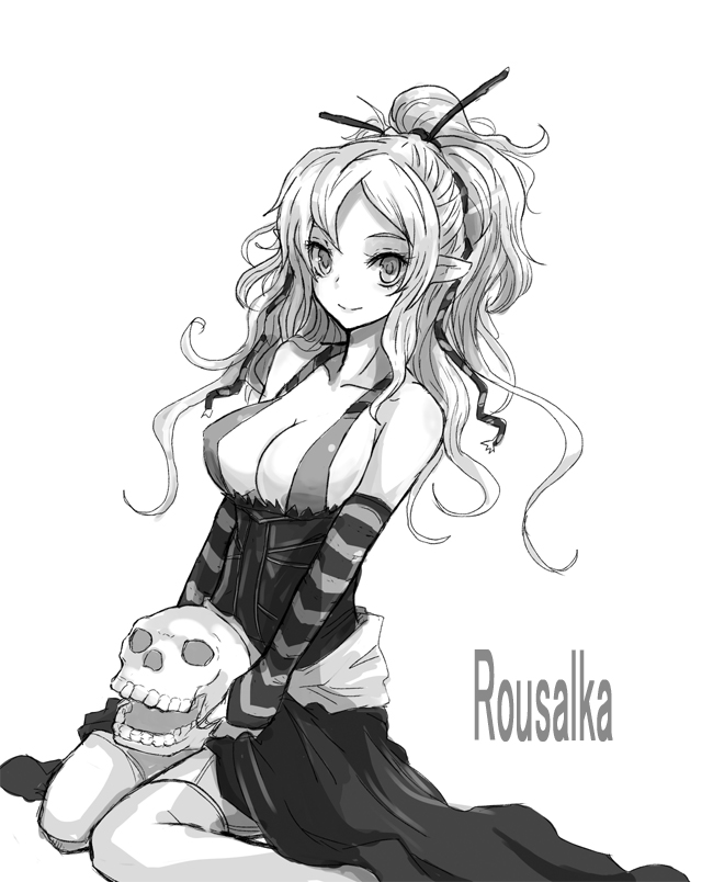 breasts cleavage collarbone corset detached_sleeves hair_ornament hair_ribbon kara_(color) long_hair monochrome mythology original pointy_ears ponytail ribbon rusalka simple_background sitting skull slavic_mythology smile solo thighhighs wariza