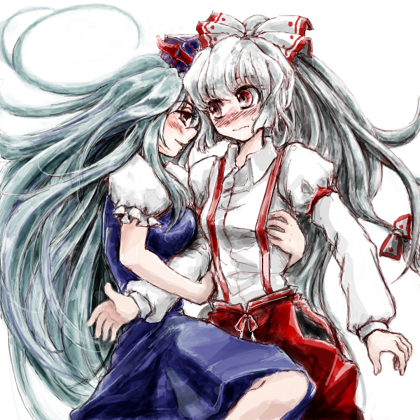 arm_around_waist arm_grab blush bow dress_shirt fujiwara_no_mokou hair_bow kamishirasawa_keine long_hair multiple_girls nanashii_(soregasisan) shirt suspenders sweatdrop touhou yuri