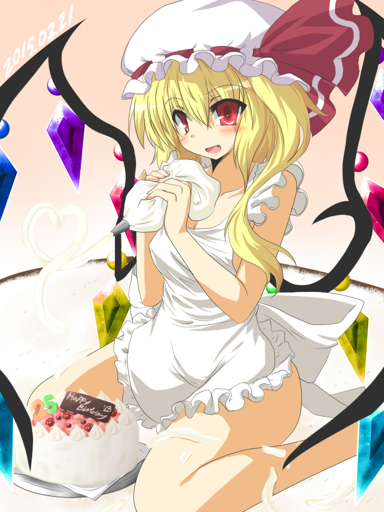 1girl apron blonde_hair breasts cake cleavage collarbone fang flandre_scarlet food gomasamune happy_birthday hat hat_ribbon heart heart_of_string large_breasts mob_cap naked_apron open_mouth red_eyes ribbon side_ponytail sitting smile solo spilling touhou wariza whipped_cream wings