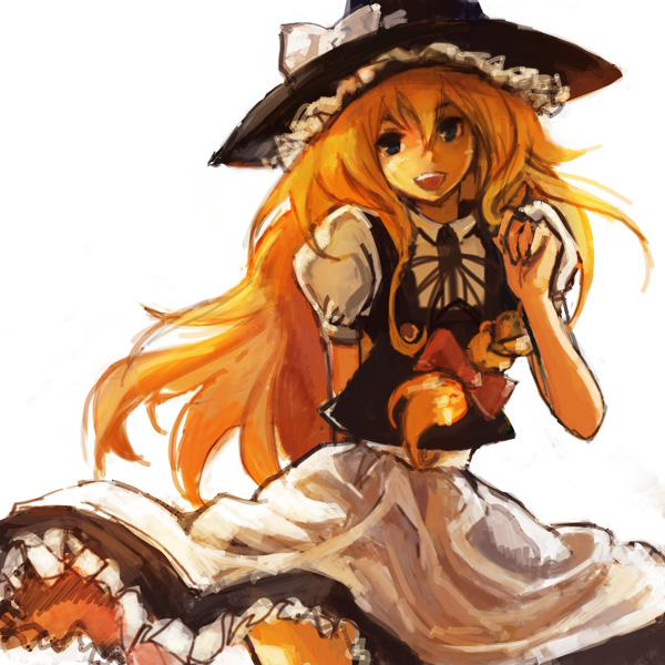 alternate_eye_color arm_behind_back blonde_hair blue_eyes bow braid hair_bow hat kirisame_marisa long_hair nd oekaki open_mouth puffy_sleeves side_braid smile solo touhou witch witch_hat