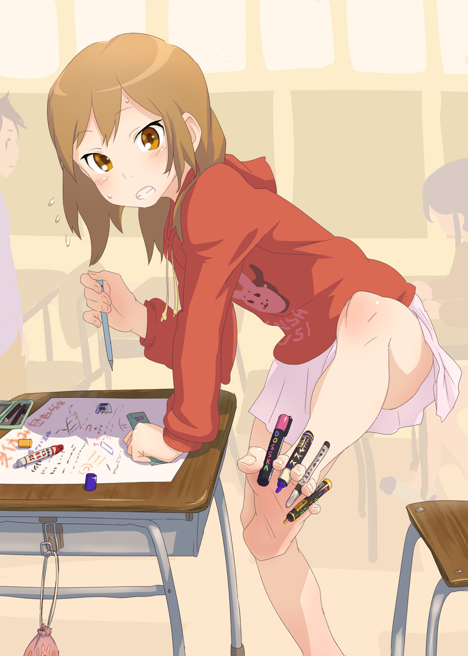 between_toes brown_eyes brown_hair censored clenched_teeth convenient_censoring convenient_leg desk drawing feet foot_hold highres hoodie kyoudyu legs marker markers original pencil pencil_sharpener pleated_skirt ruler short_hair skirt soles sweatdrop sweater toes writing