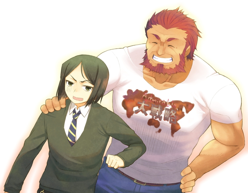 black_hair facial_hair fate/stay_night fate/zero fate_(series) grin hand_on_hip hiiro_5-sai hips male multiple_boys necktie red_hair redhead rider_(fate/zero) smile sweater t-shirt waver_velvet