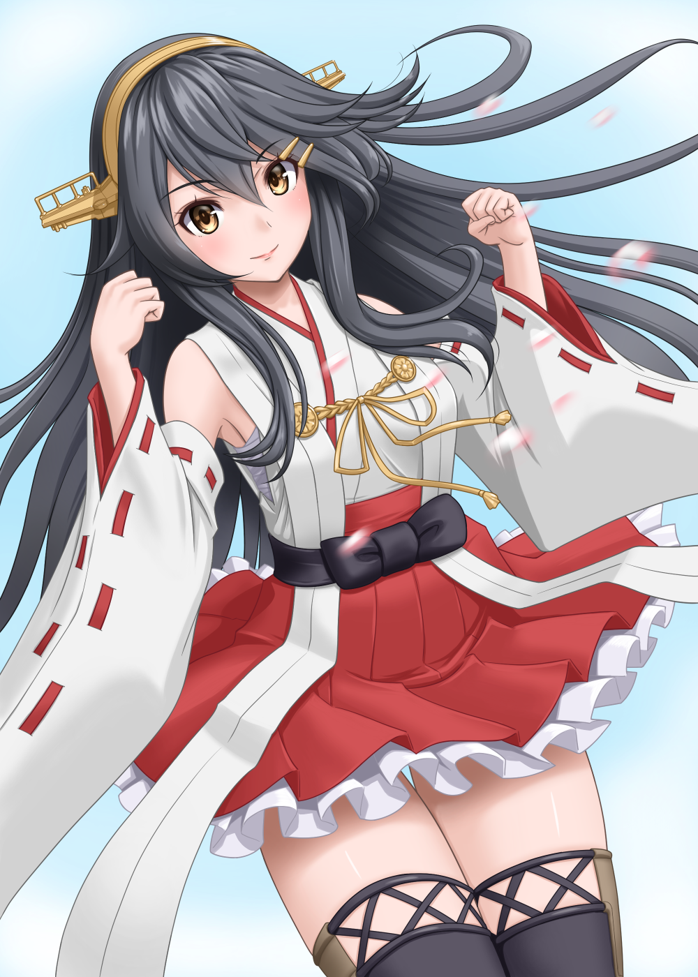 1girl arms_up bare_shoulders black_footwear black_hair blue_background boots breasts cherry_blossoms cowboy_shot detached_sleeves eyebrows_visible_through_hair frills hair_between_eyes hair_ornament hairband hairclip haruna_(kantai_collection) headgear highres japanese_clothes kantai_collection lips long_hair medium_breasts nontraditional_miko petals red_skirt remodel_(kantai_collection) ribbon-trimmed_sleeves ribbon_trim sarashi skirt solo t2r thigh-highs thigh_boots wide_sleeves yellow_eyes