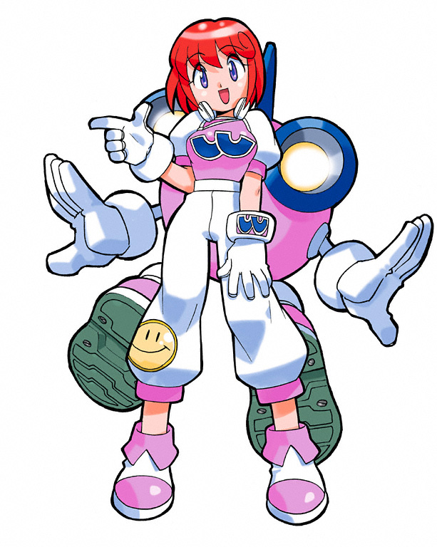 :d blue_eyes gloves headphones open_mouth pastel_(twinbee) red_hair robot simple_background smile solo twinbee winbee yoshizaki_mine