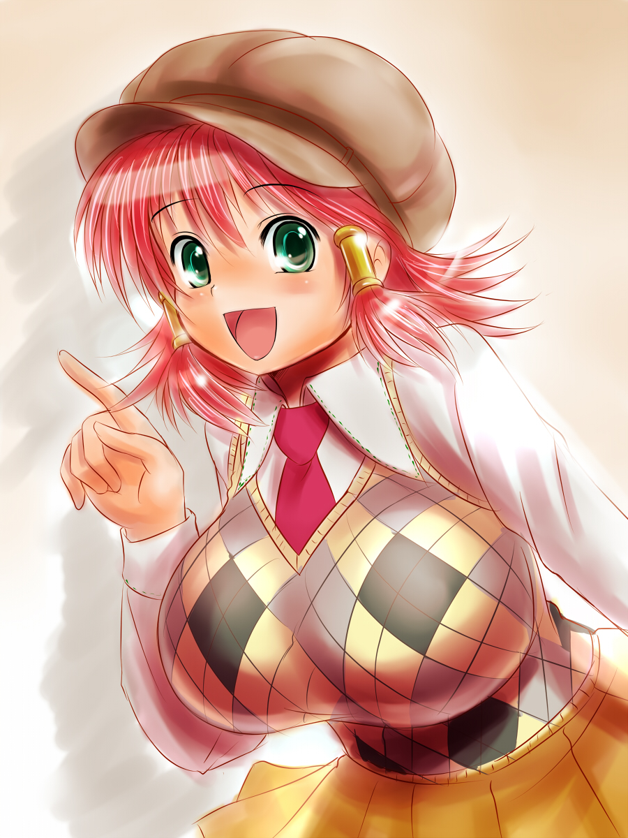 beret breasts green_eyes hair_tubes hat highres huge_breasts moriichi open_mouth quiz_magic_academy red_hair redhead ruquia short_hair solo sweater_vest