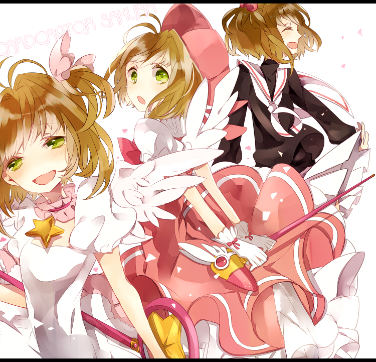 brown_hair card_captor_sakura cardcaptor_sakura chidori_(@rom) child dress fuuin_no_tsue gloves green_eyes hat hoshi_no_tsue kinomoto_sakura magical_girl school_uniform serafuku short_hair wand wings