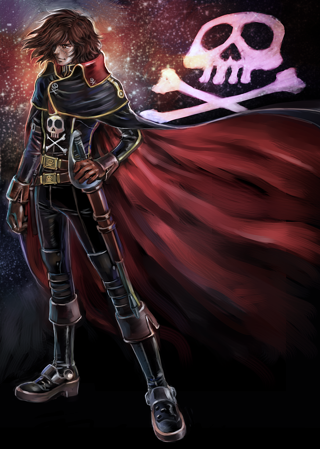 70s 80s belt boots brown_hair cape gloves harlock highres male multiple_belts oldschool pirate scar science_fiction skull_and_crossbones solo space space_pirate star_(sky) uchuu_kaizoku_captain_harlock uniform weapon yusao