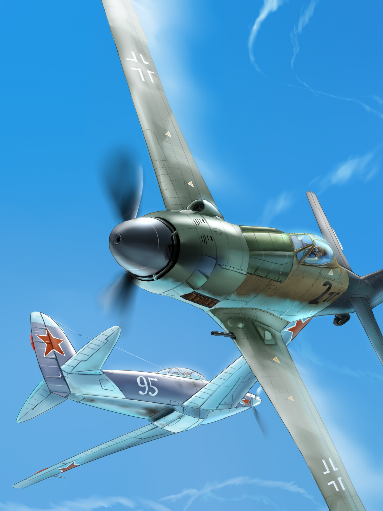 airplane battle cloud condensation_trail contrail dogfight focke-wulf_ta_152 inui_(jt1116) inui_(pixiv) iron_cross le_grand_duc_(yann_&amp;_hugault) luftwaffe pilot sky soviet star ta_152 weapon world_war_ii wwii yak-3