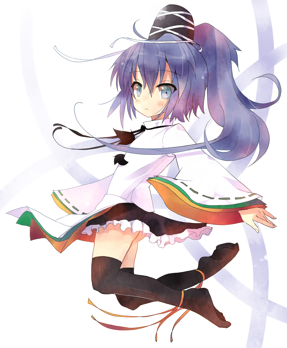 ahoge ass black_legwear blue_eyes blue_hair hat japanese_clothes jumping kariginu leg_ribbon long_hair long_sleeves mononobe_no_futo no_panties ponytail sakurazari_hotori shirt skirt solo thigh-highs thighhighs touhou upskirt