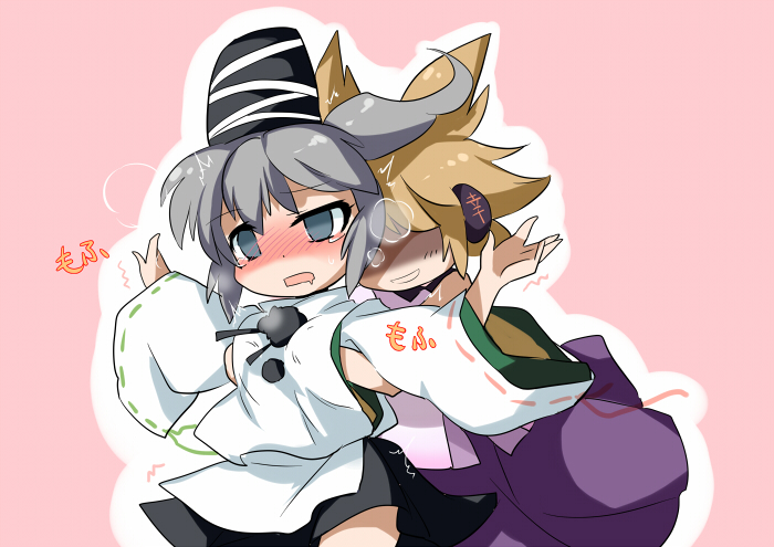 blush breast_grab breasts brown_hair earmuffs empty_eyes grey_eyes grey_hair hand_under_clothes hand_under_shirt headphones heavy_breathing japanese_clothes long_sleeves mononobe_no_futo multiple_girls outstretched_arms ponytail shaded_face short_hair simple_background touhou toyosatomimi_no_miko yetworldview_kaze yuri
