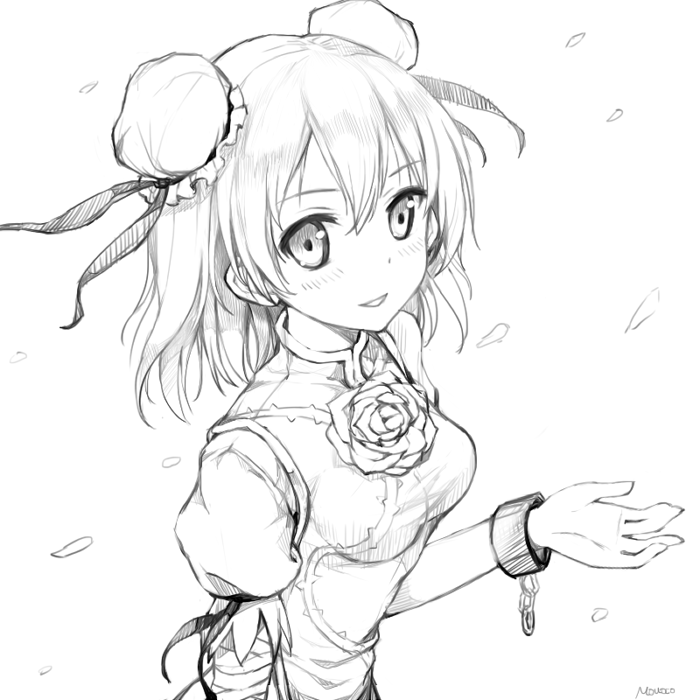 bandage bandages blush bun_cover bust chain cuffs double_bun dress face flower hair_bun ibara_kasen ibaraki_kasen momoko_(momopoco) monochrome petals rose shackle short_hair sketch smile solo touhou