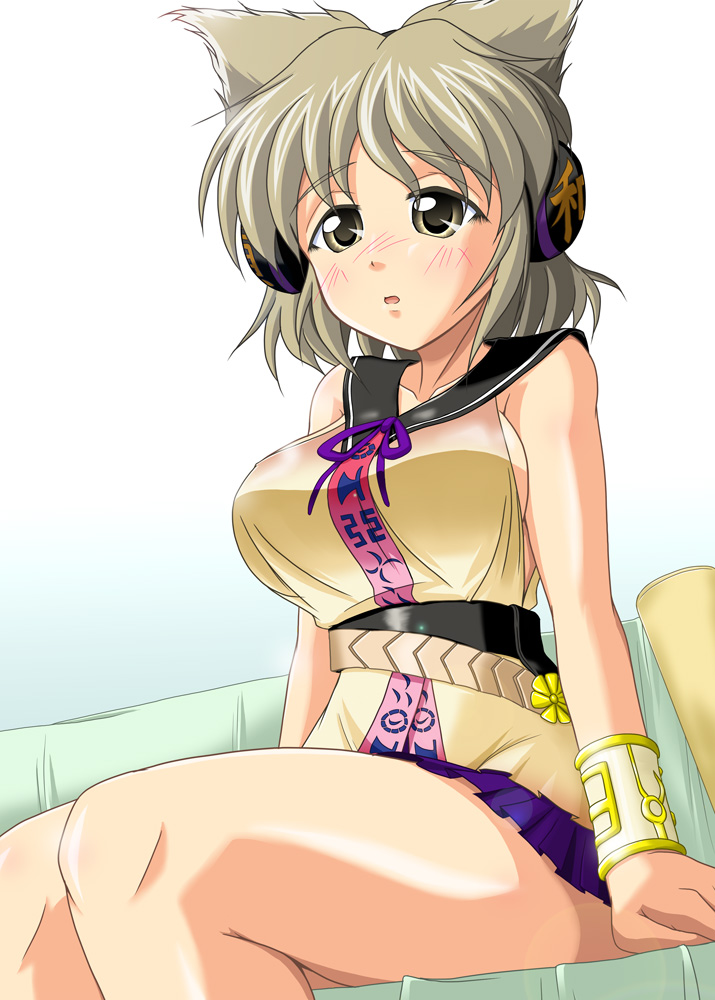 :o bare_legs belt blush bracelet breasts brown_eyes brown_hair capelet couch earmuffs furniture headphones jewelry large_breasts miniskirt no_bra open_mouth pleated_skirt sideboob sitting skirt sleeveless solo touhou toyosatomimi_no_miko yohinori