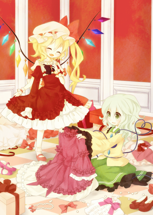 blonde_hair bow brooch checkered checkered_floor closed_eyes dress eyes_closed fang flandre_scarlet frills gathers green_eyes green_hair hat jewelry kaori_(sasaemon) komeiji_koishi long_hair multiple_girls no_hat no_headwear open_mouth pearl_necklace ruffles shoes short_hair side_ponytail skirt touhou wings wrist_cuffs