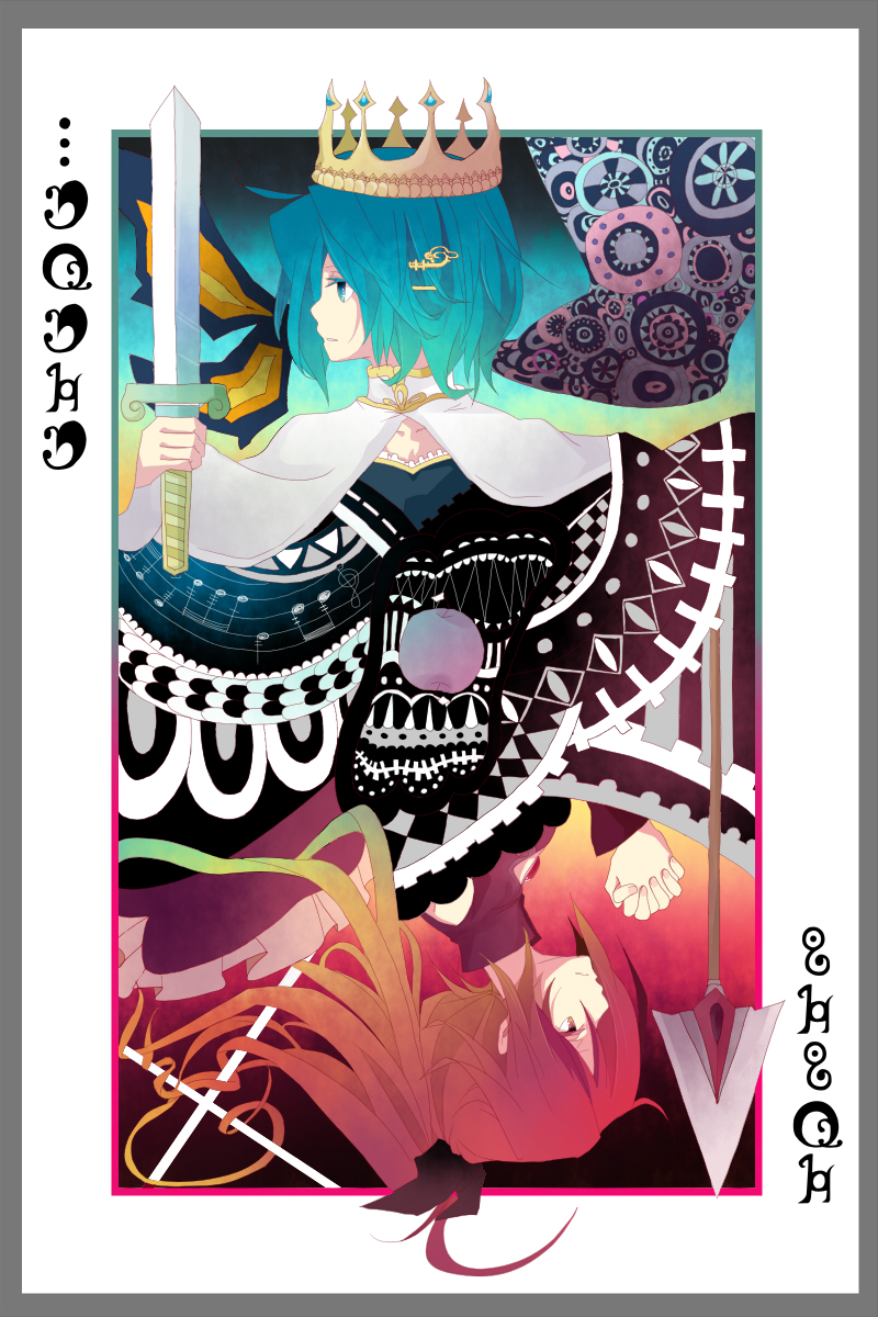 apple blue_eyes blue_hair cape card card_(medium) cards crown food fruit hair_ornament hair_ribbon hairclip hands_clasped highres long_hair madoka_runes magical_girl mahou_shoujo_madoka_magica miki_sayaka mmco multiple_girls musical_note playing_card polearm ponytail red_eyes red_hair redhead ribbon sakura_kyouko short_hair spear spoilers sword weapon