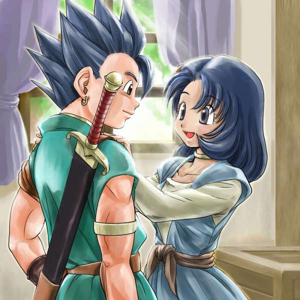 dragon_quest dragon_quest_vi earrings hero_(dq6) jewelry muscle necklace open_mouth purple_eyes short_hair smile spiked_hair sword tania weapon