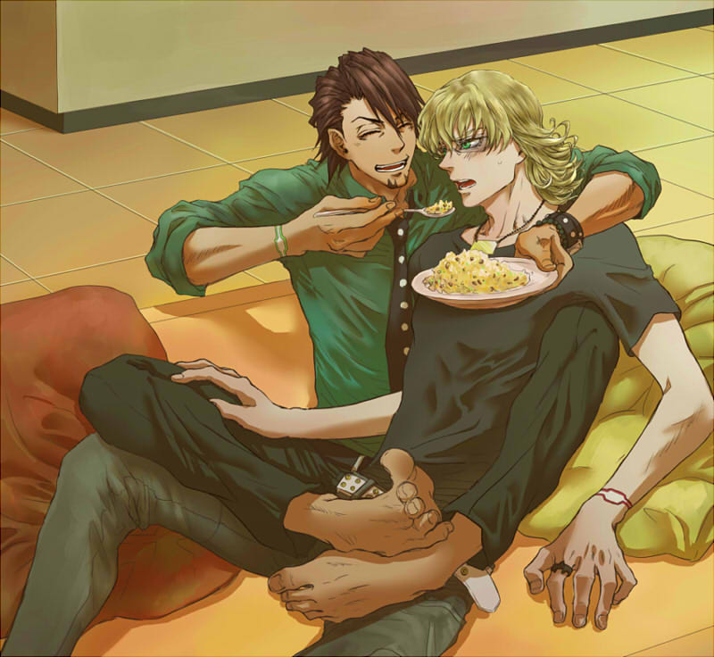 2boys ^_^ barefoot barnaby_brooks_jr belt blonde_hair bracelet brown_hair closed_eyes couch eyes_closed feeding feet fried_rice glasses green_eyes jacket jewelry kaburagi_t_kotetsu kinopipiko male multiple_boys necklace pillow ring short_hair studded_belt t-shirt tiger_&amp;_bunny watch wristwatch