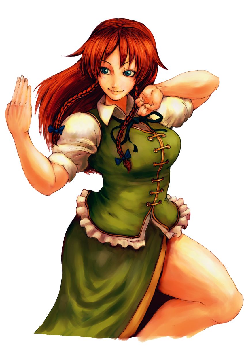 braid breasts china_dress chinese_clothes fighting_pose fighting_stance graphite_(medium) highres hong_meiling long_hair mixed_media no_hat no_headwear red_hair redhead terajin touhou traditional_media twin_braids