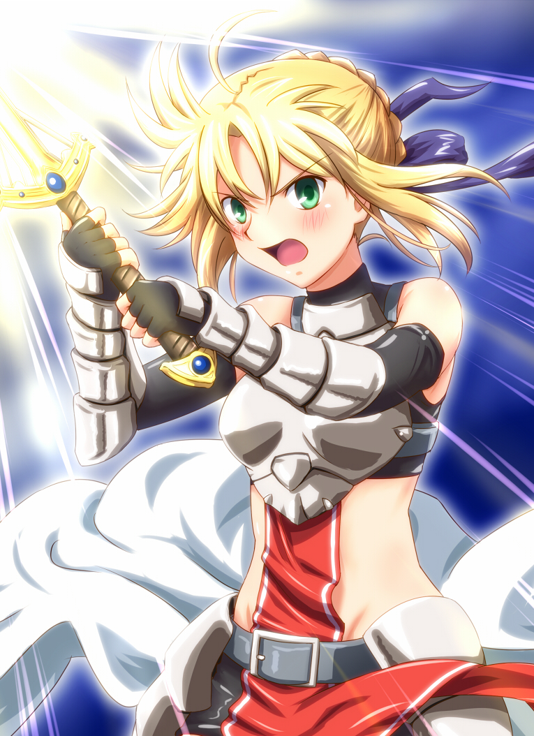 armor armored_dress belt blush cosplay diesel-turbo dress elbow_gloves fate/stay_night fate_(series) fingerless_gloves gloves green_eyes hidan_no_aria jeanne_d'arc_(hidan_no_aria) jeanne_d'arc_(hidan_no_aria)_(cosplay) jeanne_d'arc_(hidan_no_aria) jeanne_d'arc_(hidan_no_aria)_(cosplay) kawasumi_ayako open_mouth saber seiyuu_connection solo sunbeam sunlight sword vambraces weapon