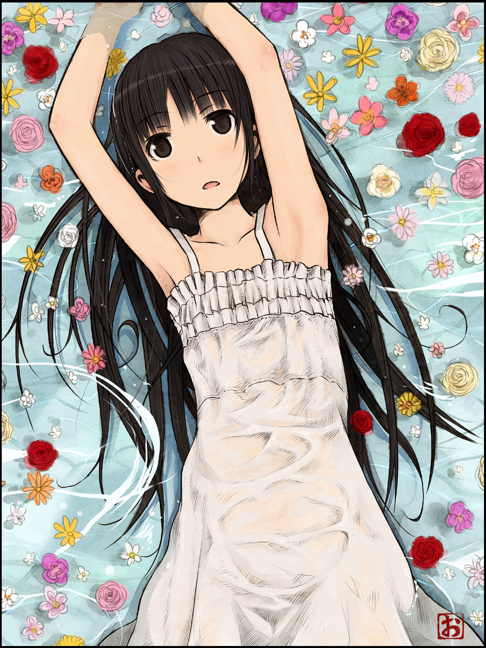 arms_up bare_shoulders black_eyes black_hair collarbone dress flower highres long_hair lying okiru on_back open_mouth original solo submerged sundress water wet wet_clothes