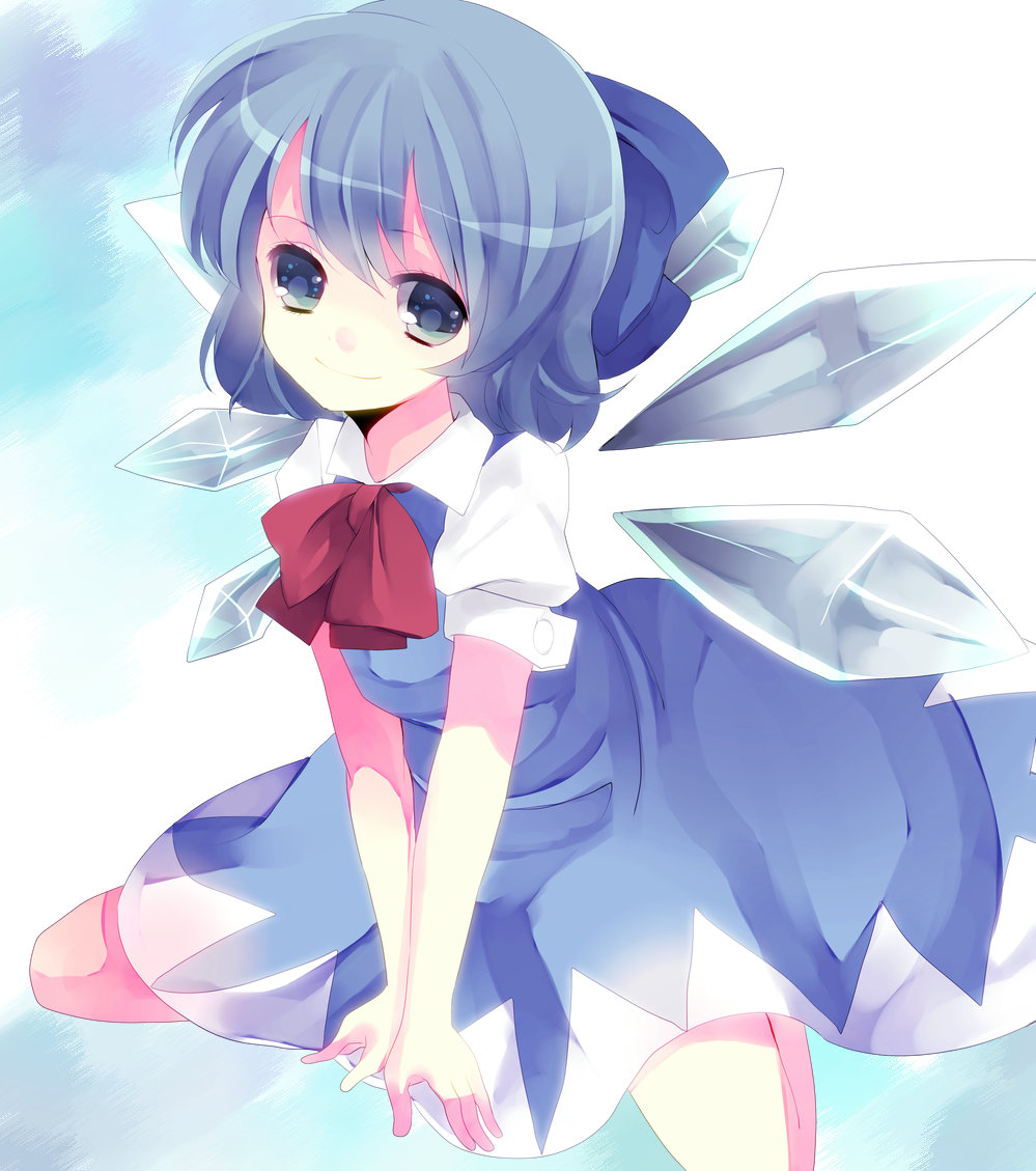 (21)suke blue_dress blue_eyes blue_hair bow cirno dress hair_bow mihatarou shirt short_hair sitting smile solo touhou v_arms wings