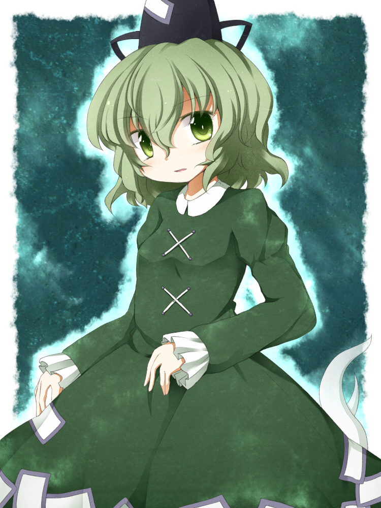 akagaminanoka dress dress_shirt fuuen_(akagaminanoka) ghost ghost_tail green_dress green_eyes green_hair hat shirt soga_no_tojiko solo tate_eboshi touhou