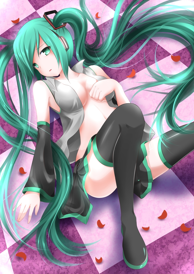 armpits black_legwear breasts catstudio_(artist) censored cleavage convenient_censoring detached_sleeves green_eyes green_hair hair_ribbon hand_on_chest hand_on_own_chest hatsune_miku headphones long_hair lying midriff no_bra no_panties on_back open_clothes open_mouth open_shirt petals ribbon shirt skirt solo thigh-highs thighhighs tile_floor tiles twintails very_long_hair vocaloid