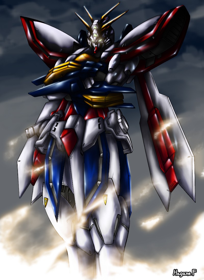 fog g_gundam glowing glowing_eyes god_gundam gundam haganef mecha no_humans sky solo super_robot