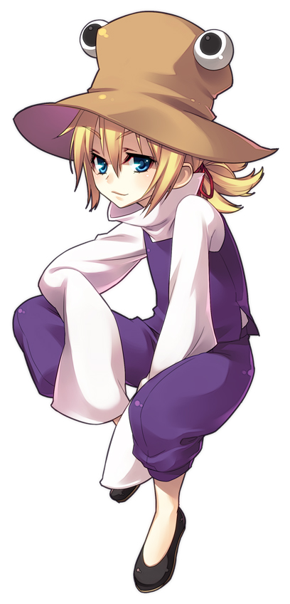 alternate_hairstyle aqua_eyes blonde_hair blue_eyes capri_pants flats genderswap hair_ribbon hands_in_sleeves hat long_sleeves looking_at_viewer male moriya_suwako pants ponytail ribbon sitting solo takahina touhou